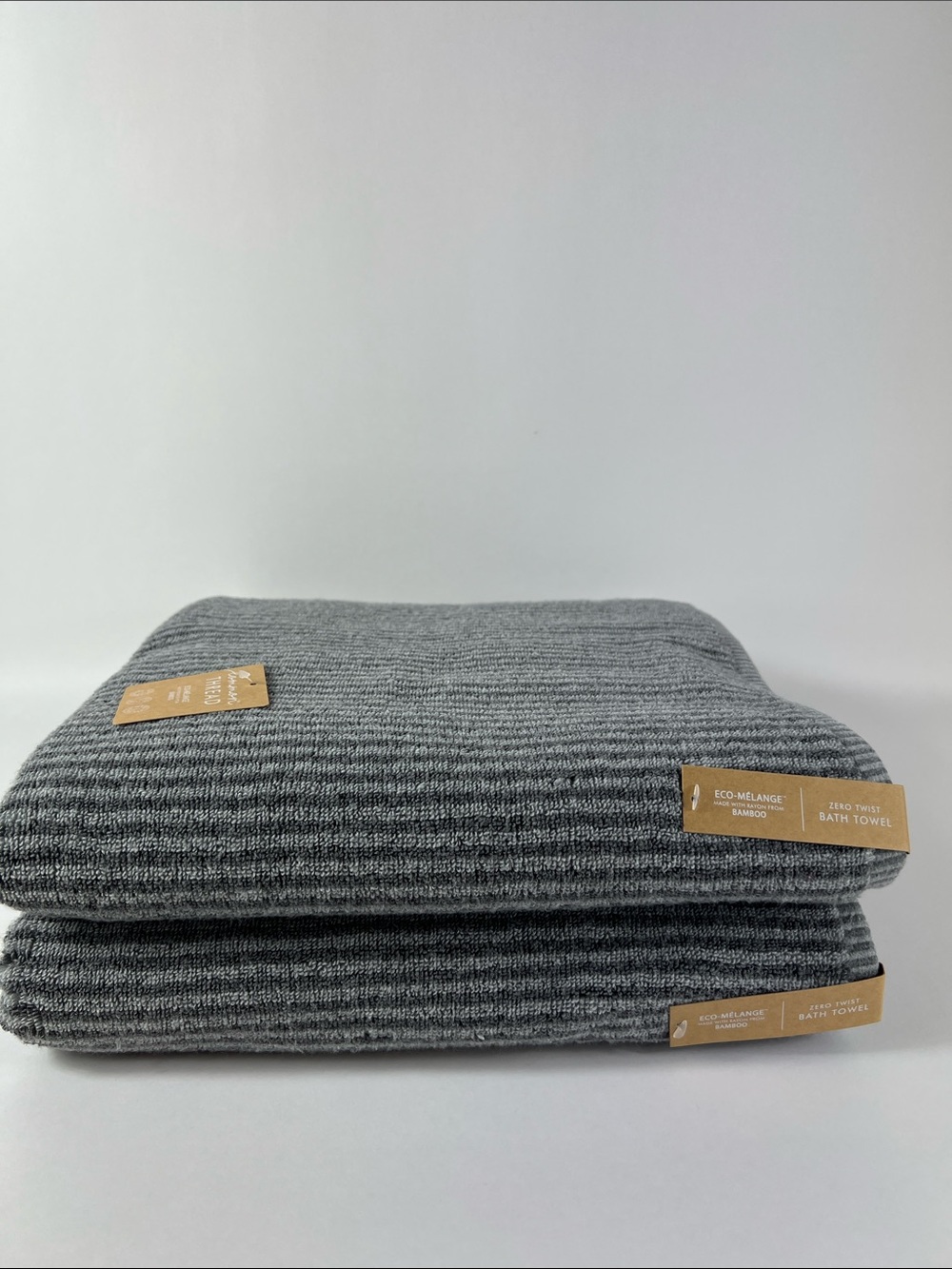 Common Thread Bath Towels Bamboo Eco-Mélange Gray Striped Soft Set of 2 NEW